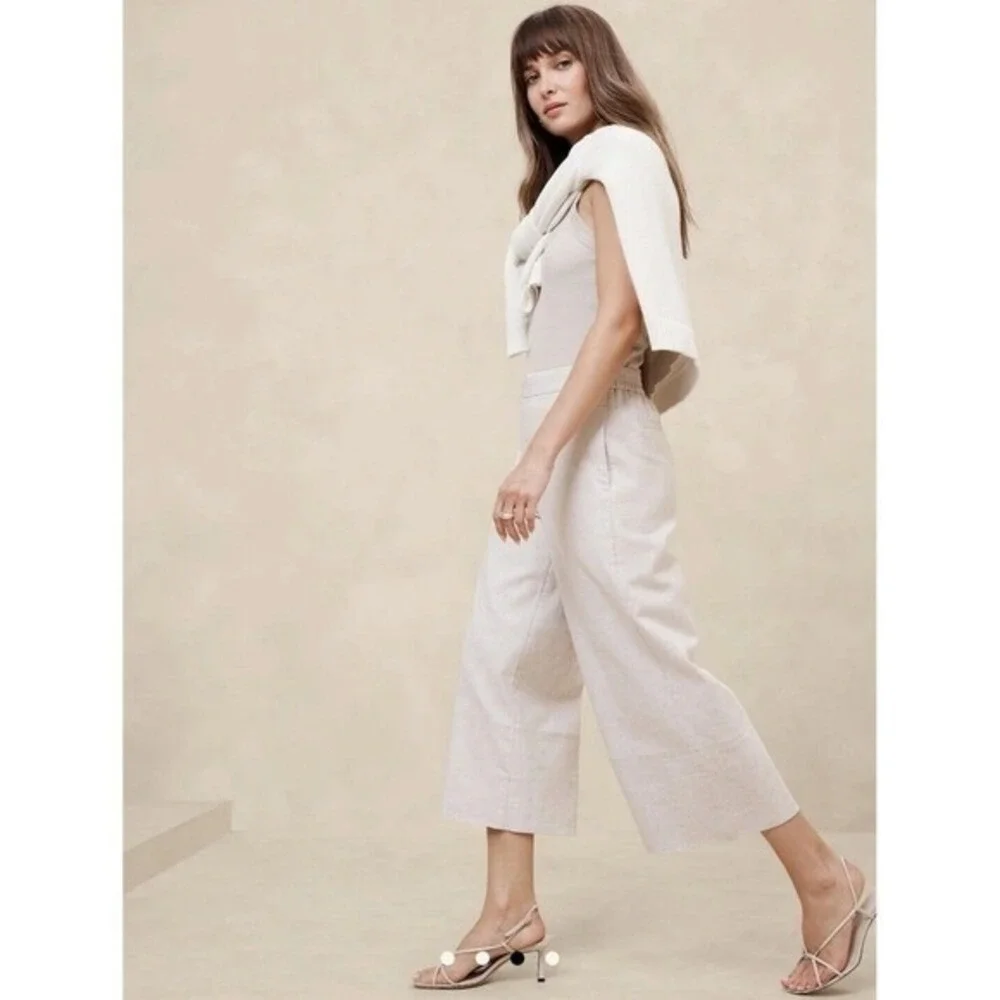 New Banana Republic Pants Small Linen Blend Cropped Flowy Wide Leg Black Pull On
